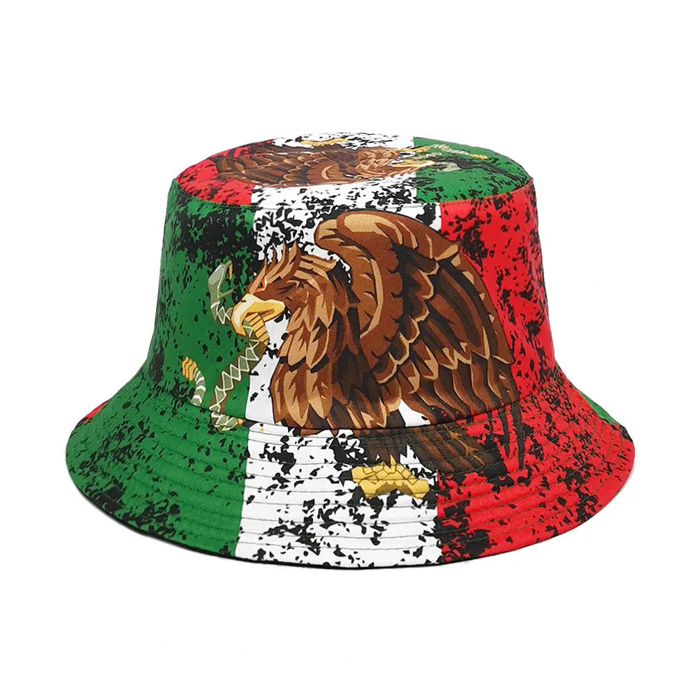 Eagle pattern retro bucket hat in dome crown style, size M, made of polyester