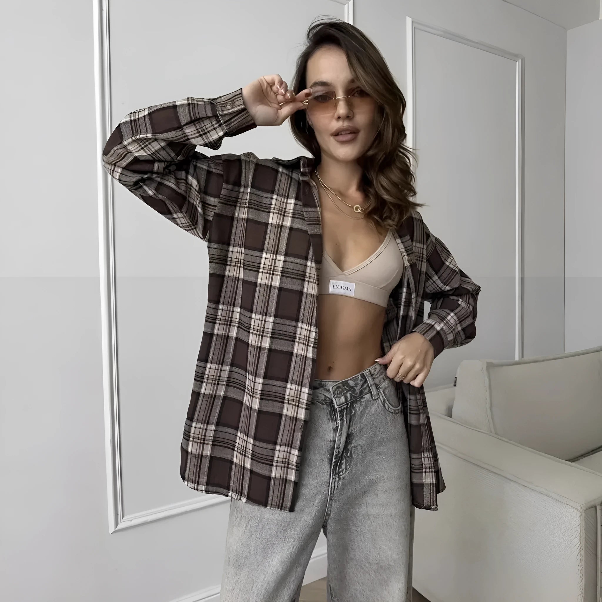 Women's dark brown striped retro style cotton shirt with long sleeves and collar