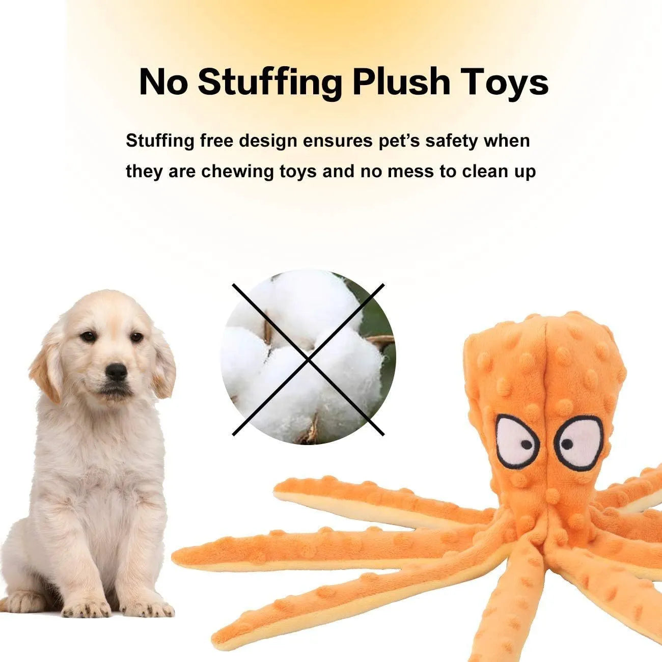Blue no stuffing octopus squeaky toy with crinkle paper and BB call for dogs, made from crystal soft mesh, 32cm long