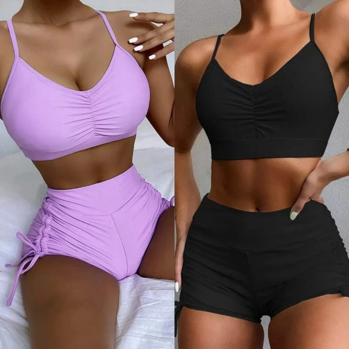 Women's black high waist split swimsuit bikini set with briefs shorts on a mannequin.