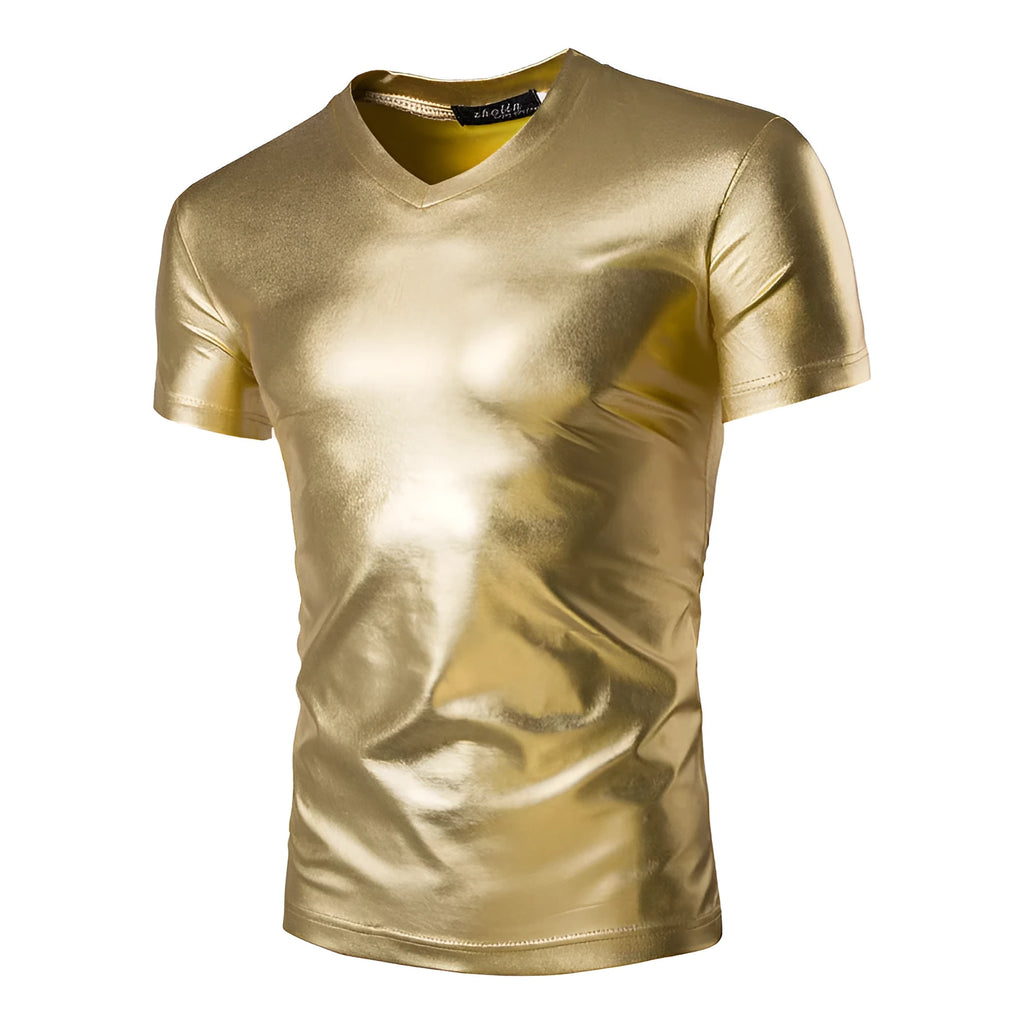 Men's short-sleeved shiny cotton blended T-shirt in black, yellow, and silver, sizes M to XXXL