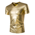 Men's short-sleeved shiny cotton blended T-shirt in black, yellow, and silver, sizes M to XXXL