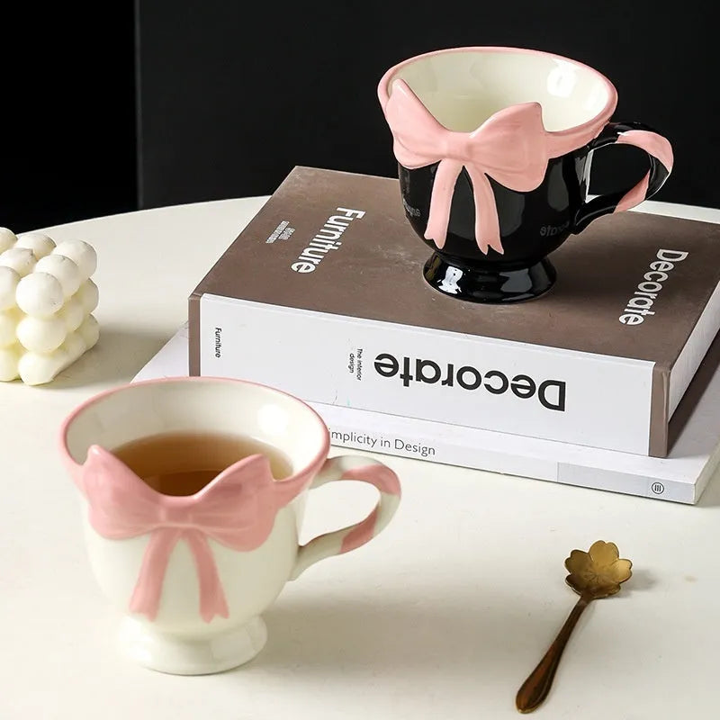 Original girl heart bow design ceramic mug in white powder or black pink colour with 301-400ml capacity