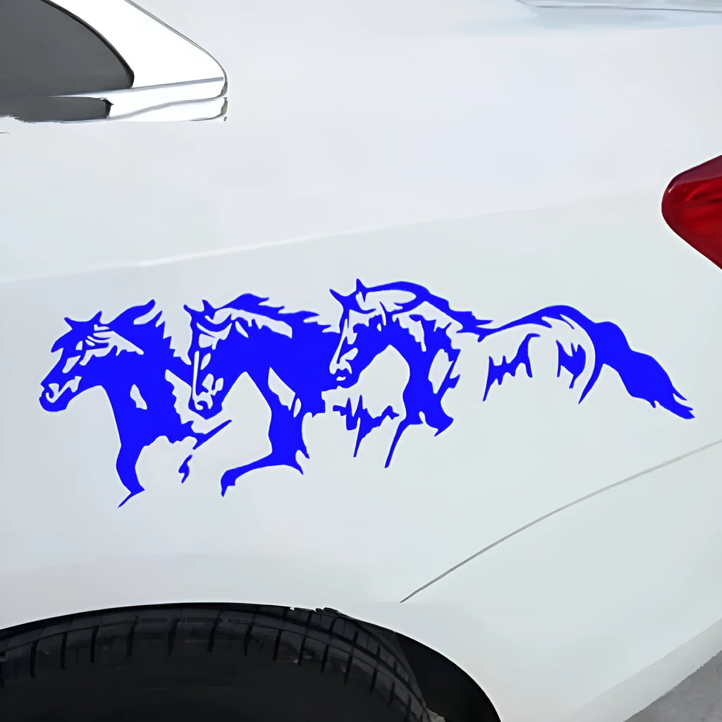 Three Horses 25cm by 8cm vinyl car decal showing steed design in four colour options