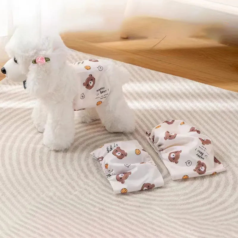 Blue Bear pattern reusable polyester dog diaper with fastener tape and elastic waistband for leakproof protection