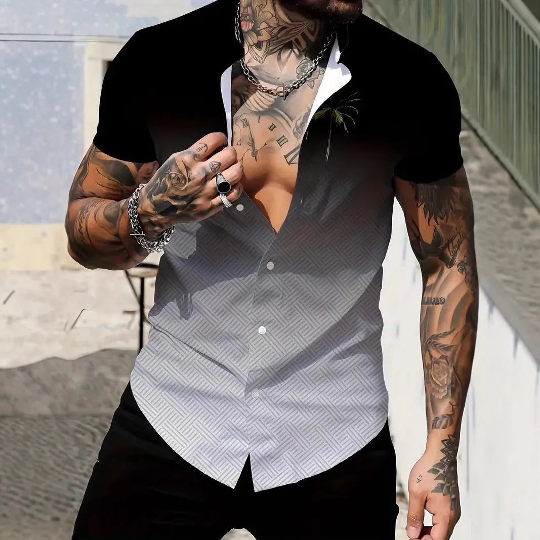Men's slim fit geometric line print lapel short sleeve shirt in polyester fabric.