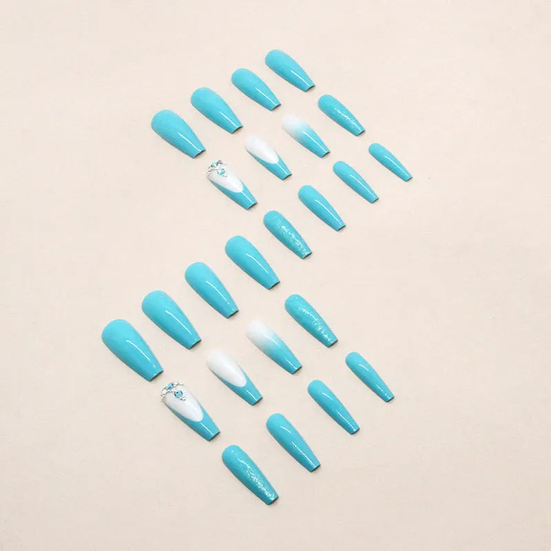 Smart blue diamond artificial long ballet nails with debris salt decorative design