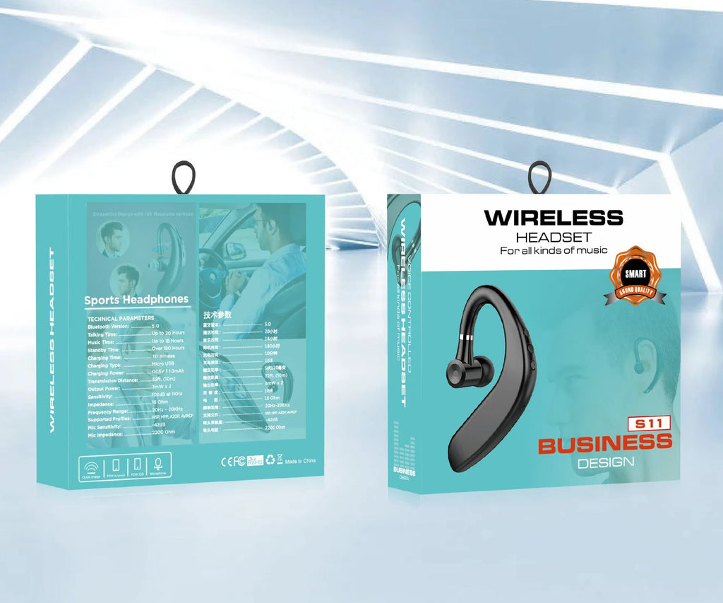 Single wireless Bluetooth earphone in black with rotatable ear tip for left or right ear wear
