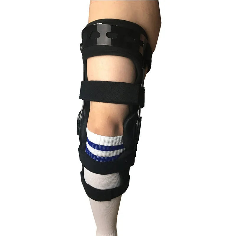 Black hinged knee brace for anterior ligament support, shown with left and right size tags.