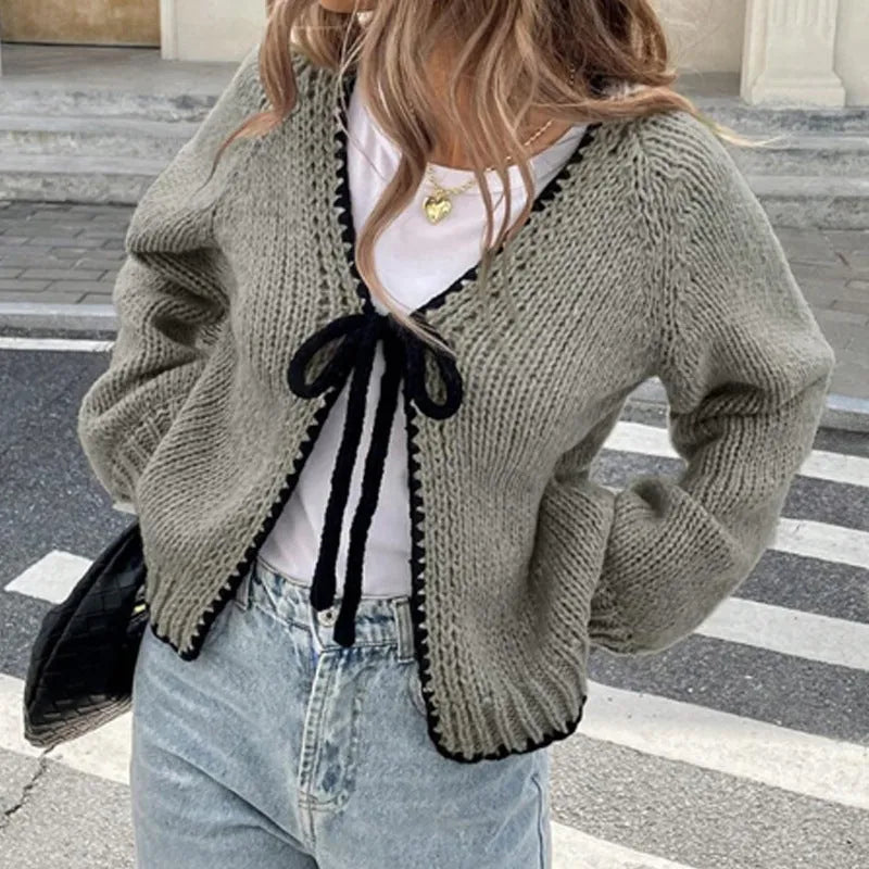 Solid colour lace-up cardigan with crocheted flowers on a polyester loose-fit body for women