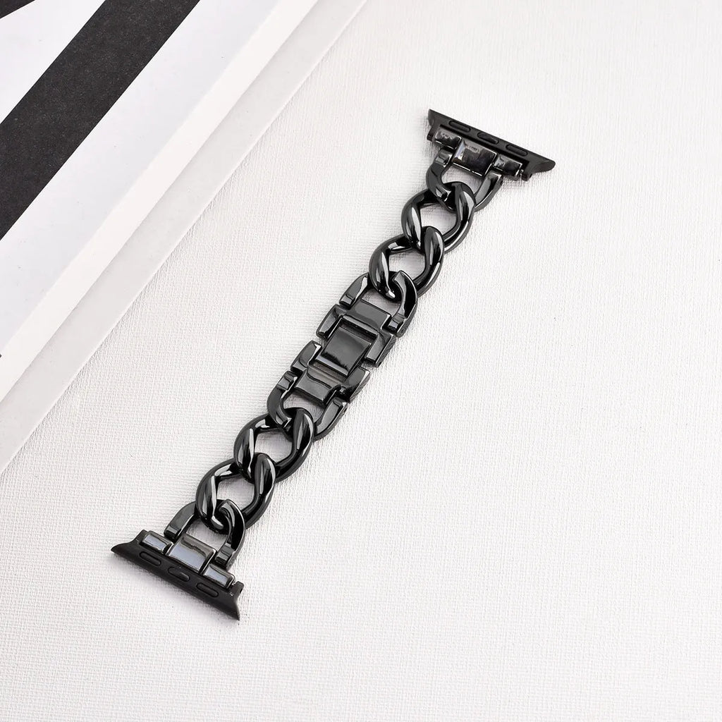 Metal chain link watch strap for Apple Watch in silver, black, gold, rose gold, or Starlight colour.