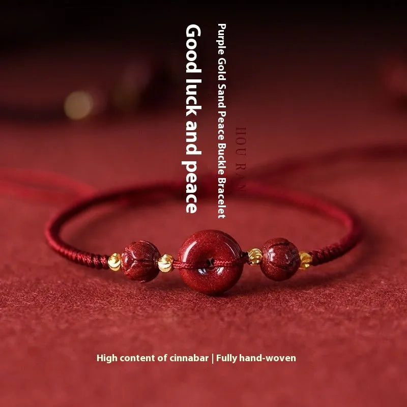 Cinnabar safety buckle bracelet with heart-shaped buckle and red rope, simple style