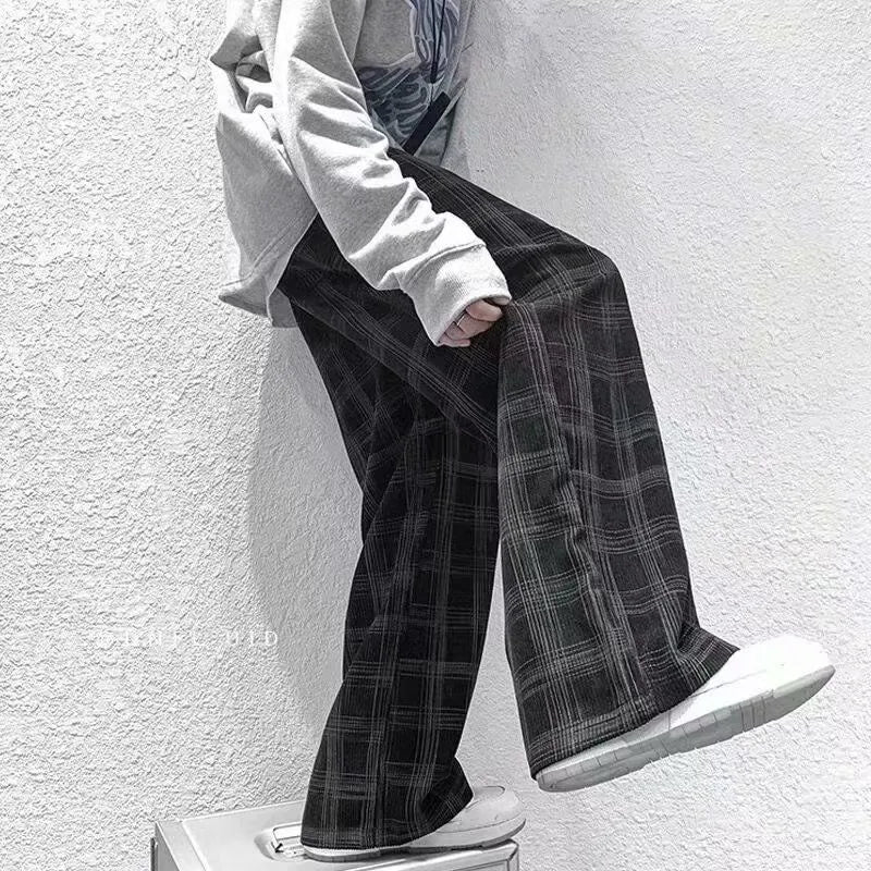 Japanese retro loose plaid trousers in black and green, mid waist, straight leg, sizes S to 3XL