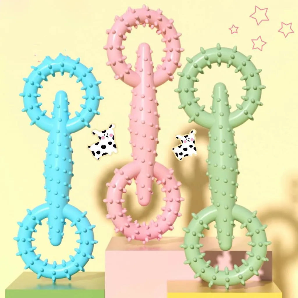 TPR thermoplastic rubber dog chew toy ring in blue green or pink measuring 16cm by 5.8cm