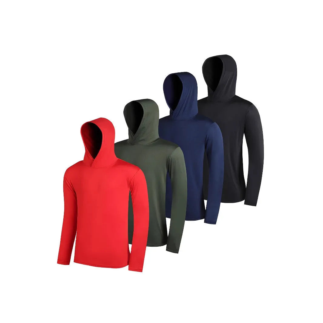 Four men's lightweight hoodies folded, showing elastic polyester fabric in a solid colour.
