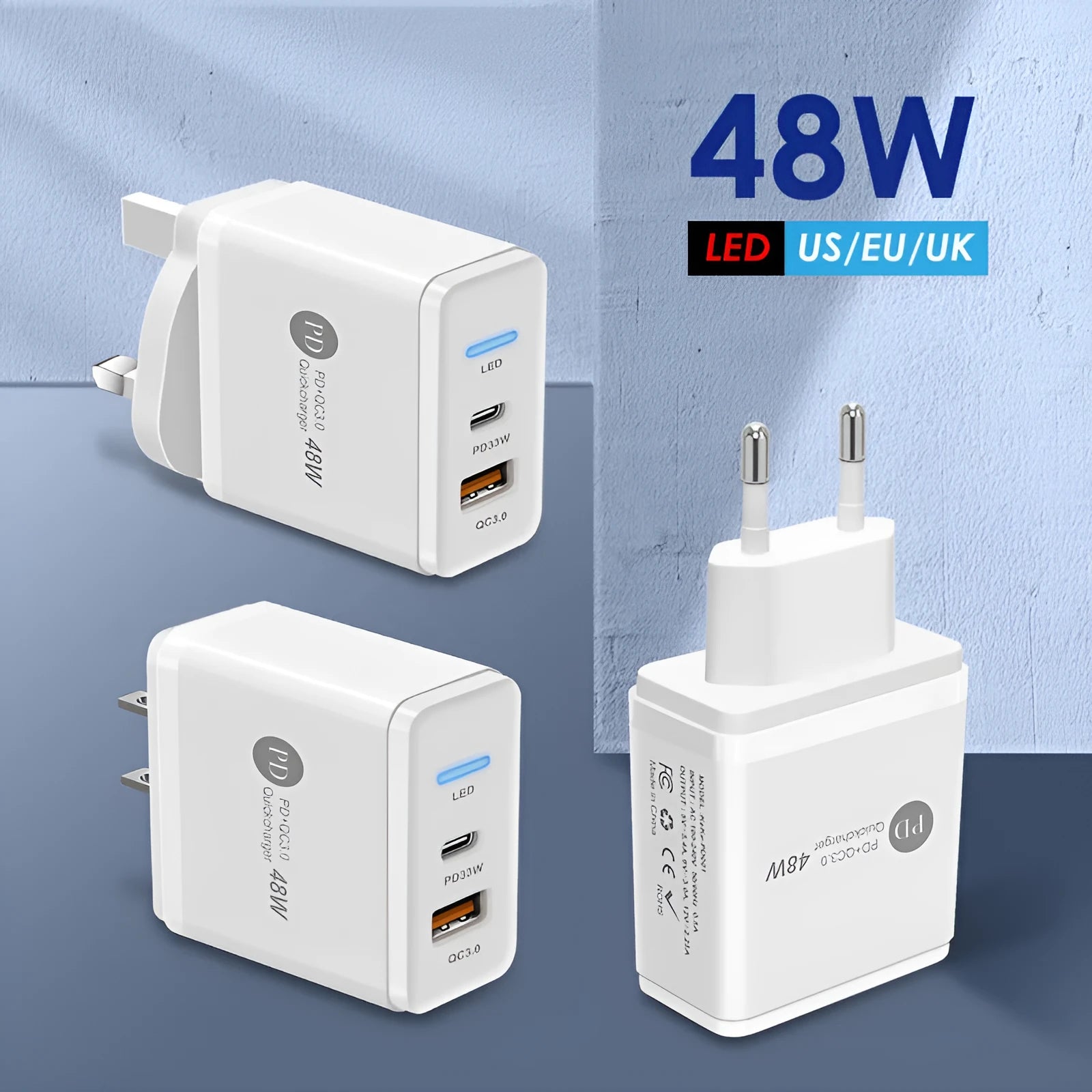 PD48W fast charging mobile phone charger with Type-C USB and LED indicator, UK black plug