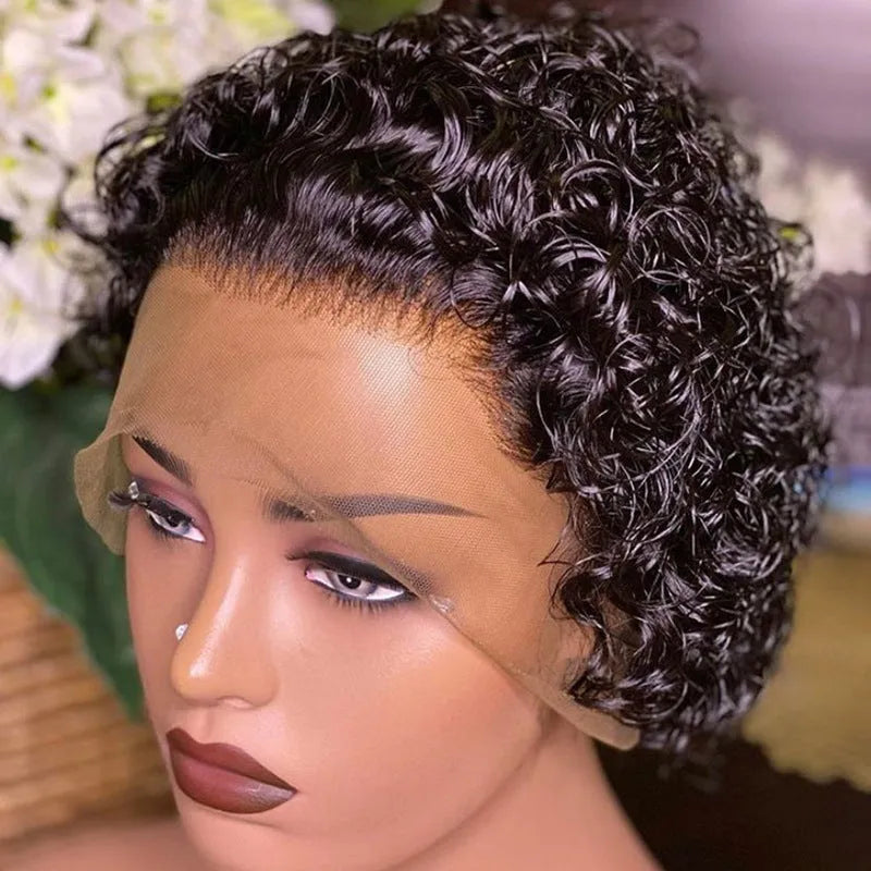 Black human hair pixie wig in colour 13x1 on a stand.