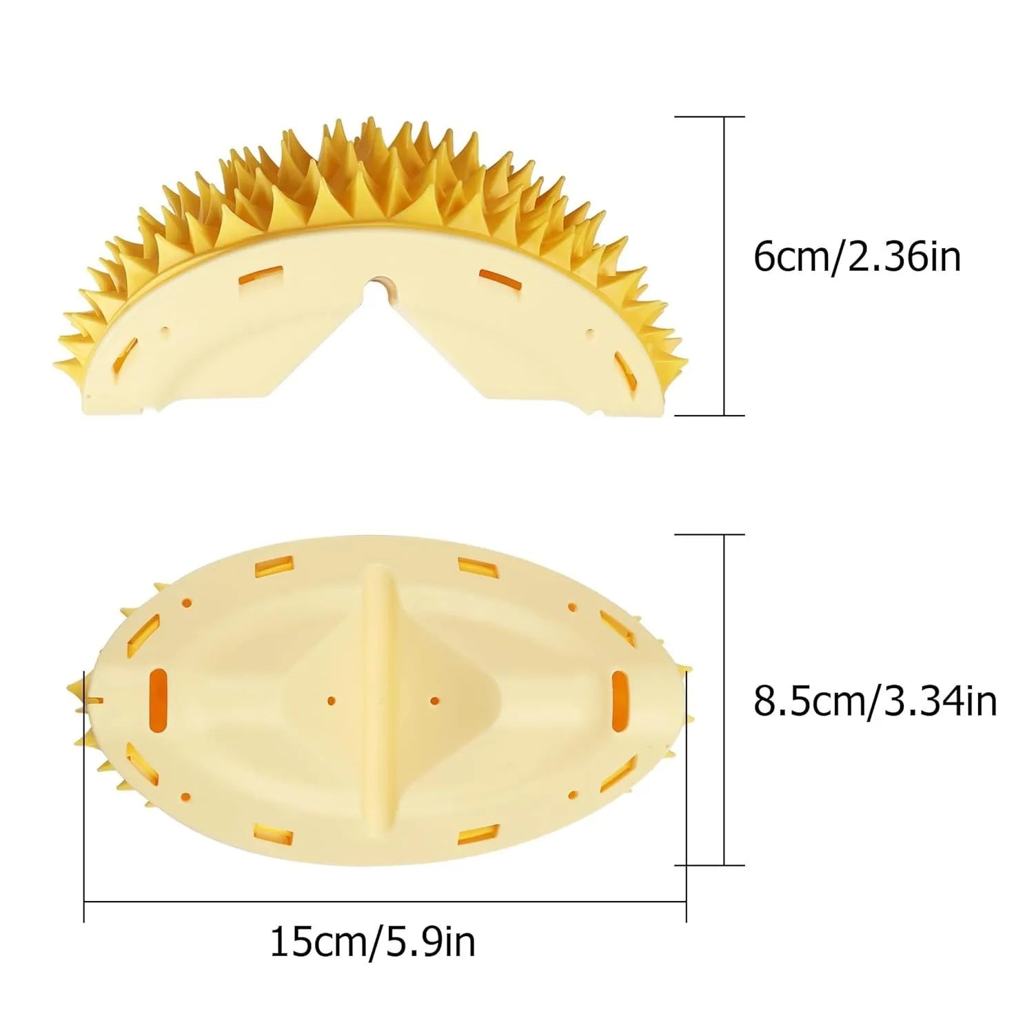 Yellow durian-shaped cat corner scratcher mounted on a wall with adhesive, includes catnip powder.