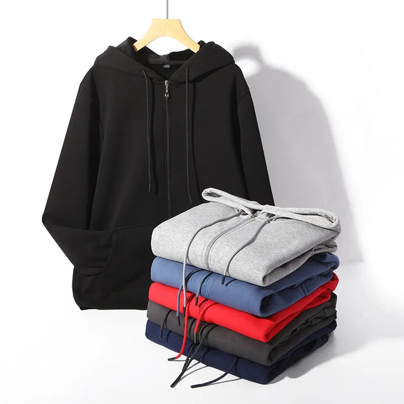 Men's beige heavyweight zip-up hooded cardigan sweater with top-stitch pockets, shown in a loose fit.