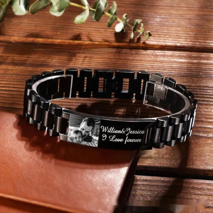 Men's curved stainless steel lettering bracelet with engraved text and titanium construction