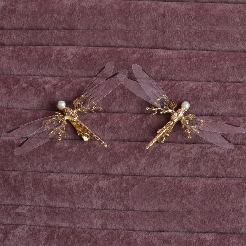 European golden dragonfly side clip headdress made of alloy with electroplated finish for women
