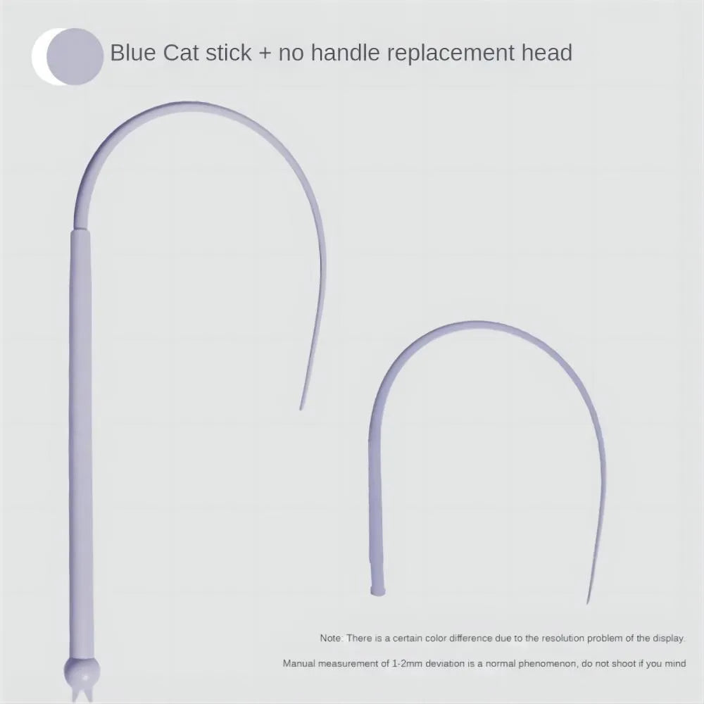 Blue silicone mouse tail cat toy with ABS handle showing 80cm length and replaceable core system