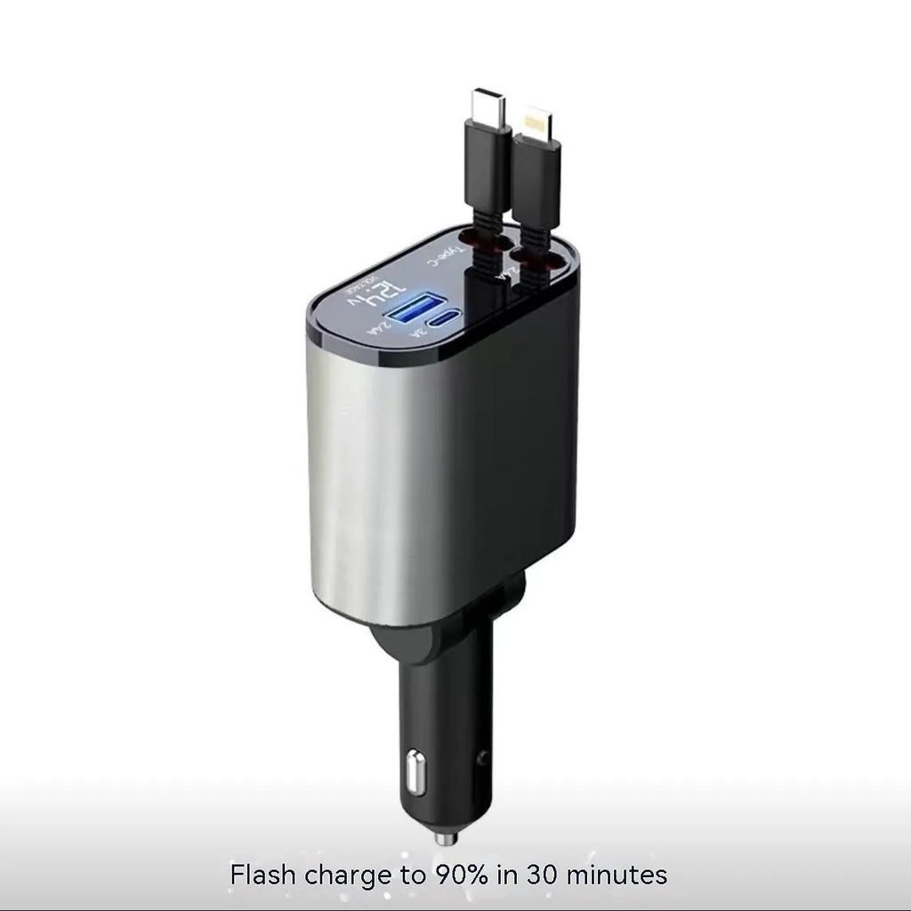 Car charger with retractable cable plugged into vehicle cigarette lighter socket