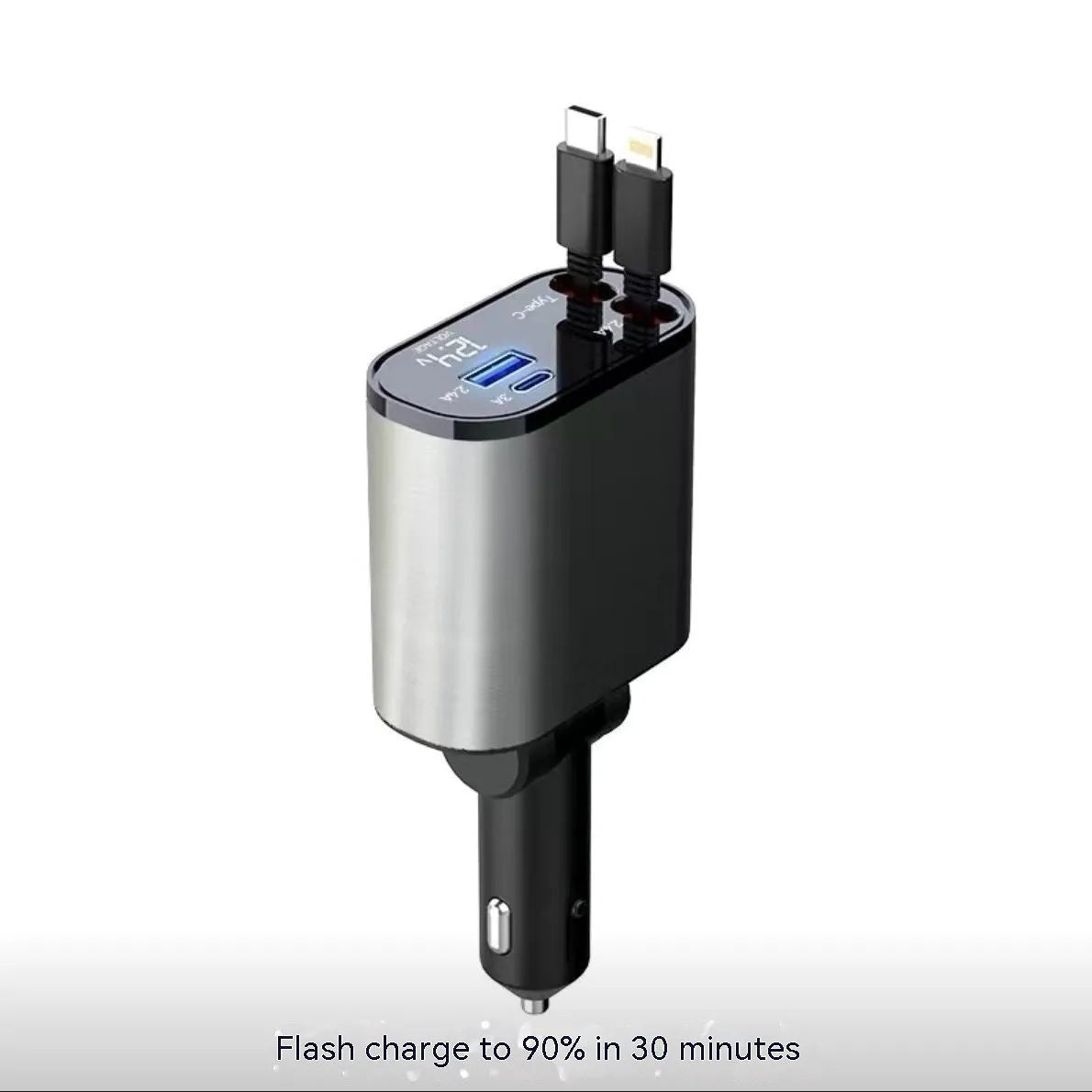 Car charger with retractable cable plugged into vehicle cigarette lighter socket