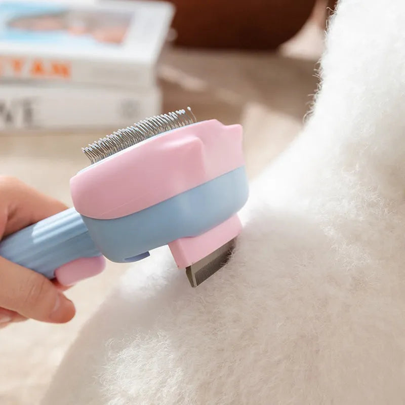 Blue double-sided pet grooming brush with deshedding rake and dematting comb on a white background.