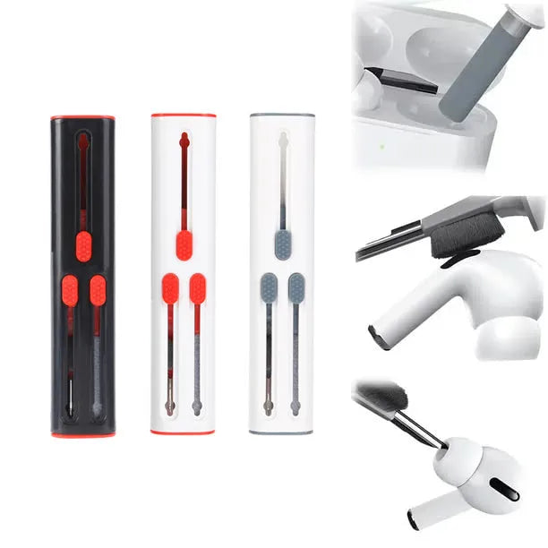 Cleaning pen for AirPods and Bluetooth earbuds with four heads including brush and sponge, in black and red colour