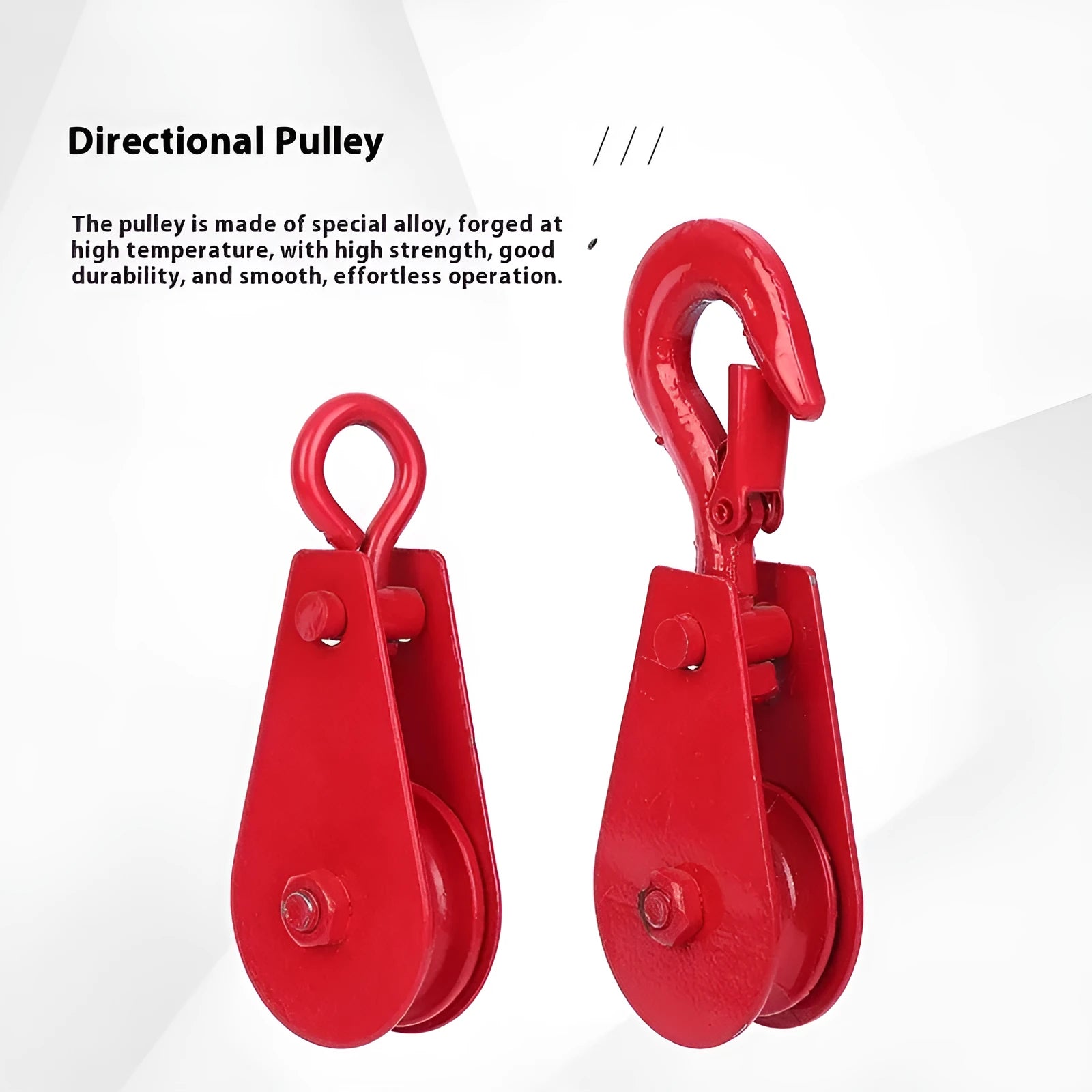 Red industrial lifting pulley with safety latch and forged steel construction for general cargo handling