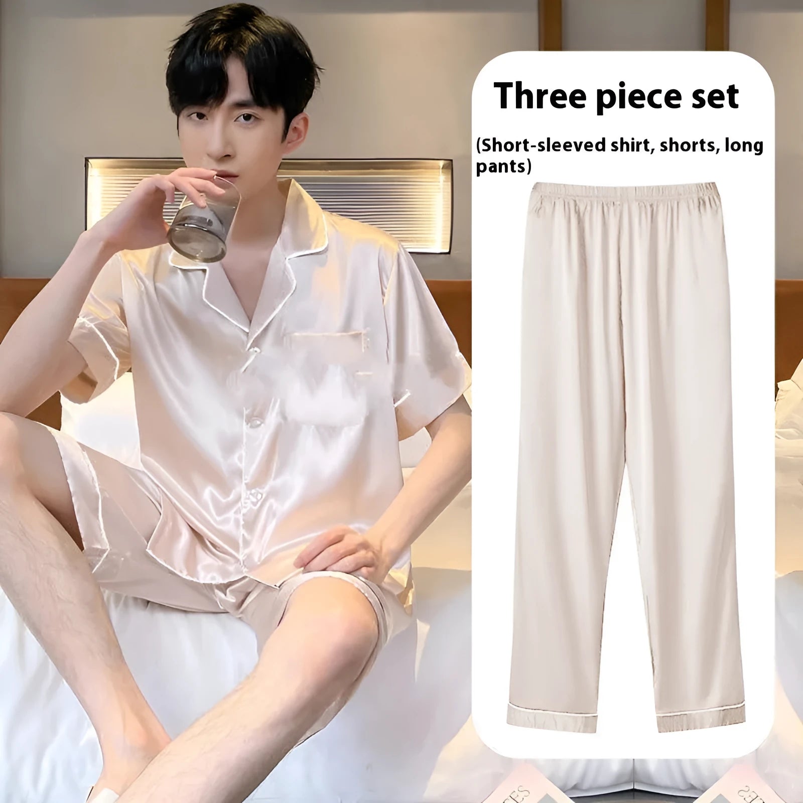 Ice silk men's three-piece home wear suit in a thin fabric, shown with shorts and trousers
