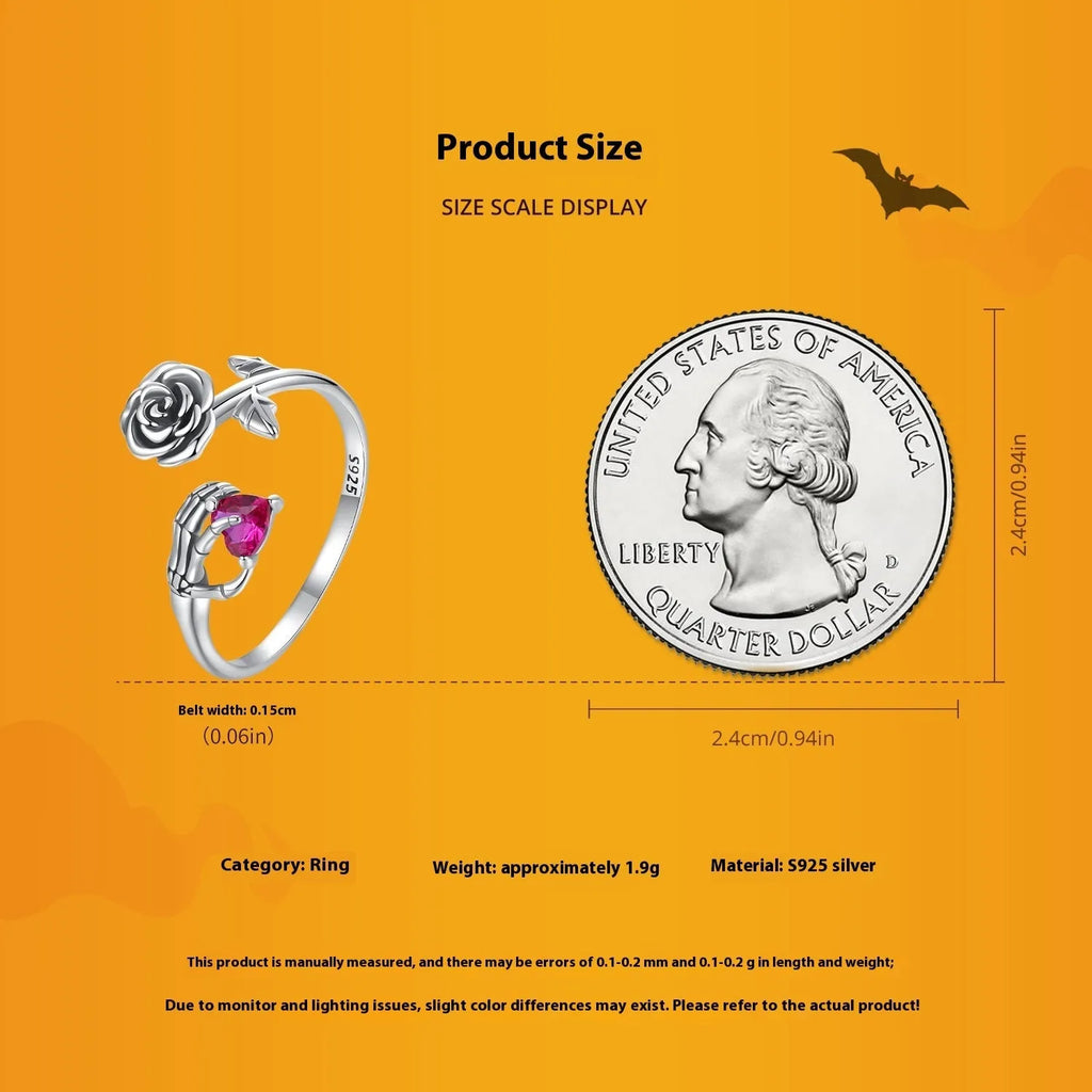 Silver Halloween rose skull hand opening ring with adjustable band on white background
