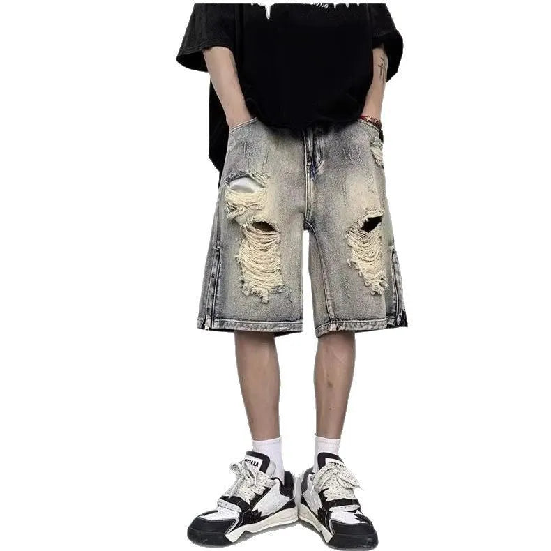 Blue retro tattered wide leg denim shorts for summer, cotton fabric, S-3XL