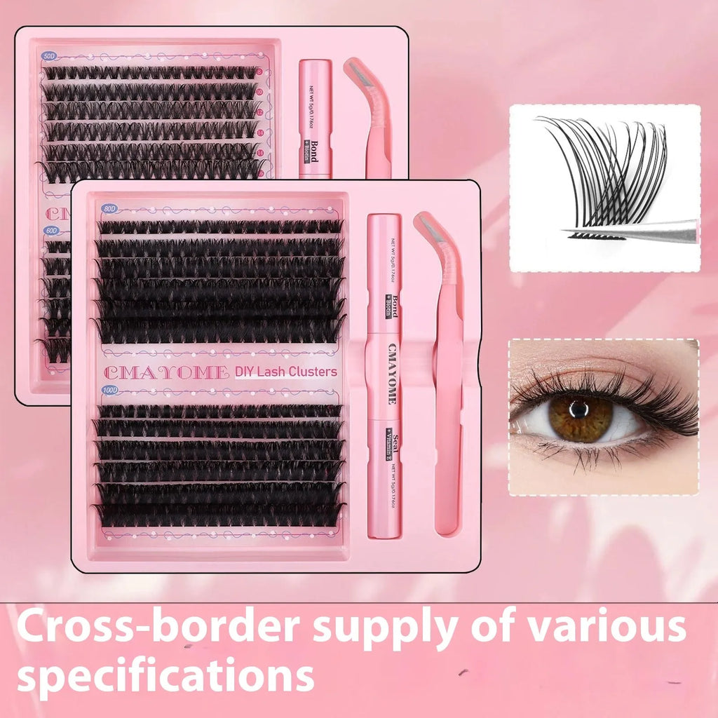 DIY single cluster false eyelashes showing artificial fibre mixed split type clusters on storage tray