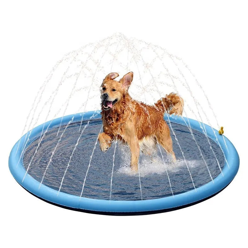 Blue anti-slip dog splash pad sprinkler toy with water sprays, placed on grass.