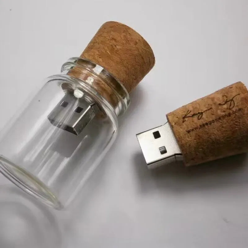 Wooden wish bottle USB flash drive with transparent design measuring 60mm by 28mm