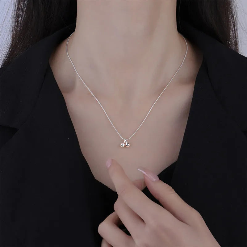 Silver cherry necklace with adjustable snake bone chain, 925 silver pendant, Korean style design