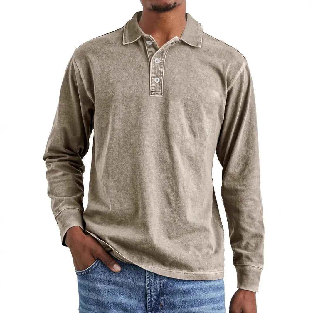 Men's retro washed black cotton long sleeve polo shirt with lapel collar laid flat