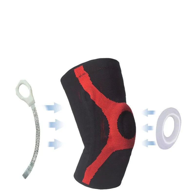 Red and grey silicone sports knee pads for running and climbing in four sizes