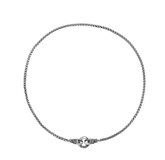 Polished S925 sterling silver necklace with a small pendant on a fine chain, shown at clavicle length.