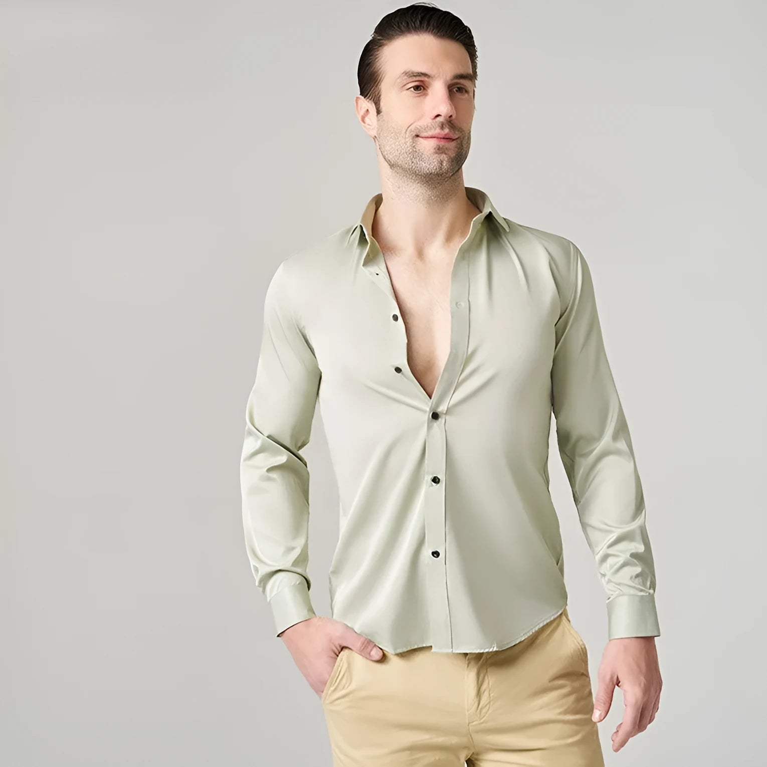 Men's stretch long sleeve work shirt in polyester on a hanger