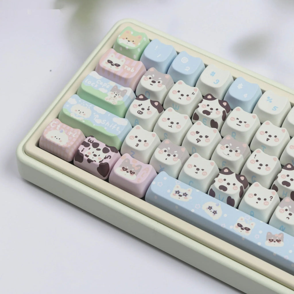 Full set of PBT key caps with sublimation printed cat and puppy designs for mechanical keyboards