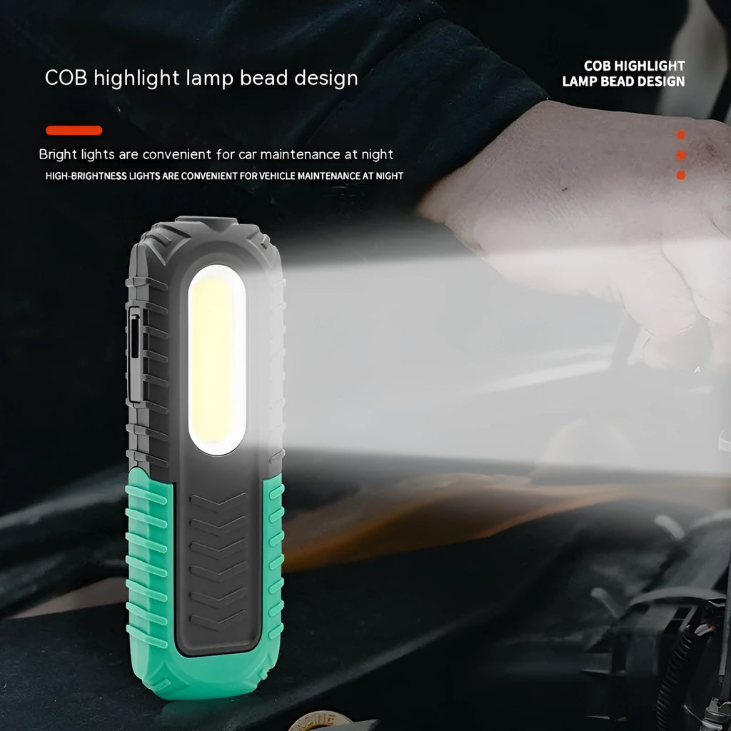Black and green auto repair work light with USB charging port and 6500K white light for vehicle maintenance