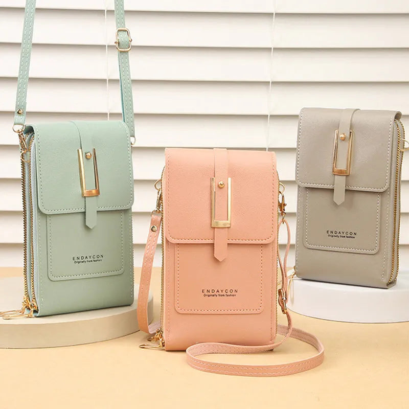 Women's transparent PU crossbody shoulder bag with touch screen window, letter design, in multiple colours