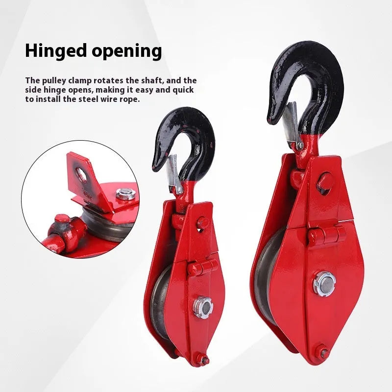 Red industrial lifting pulley with safety latch and forged steel construction for general cargo handling