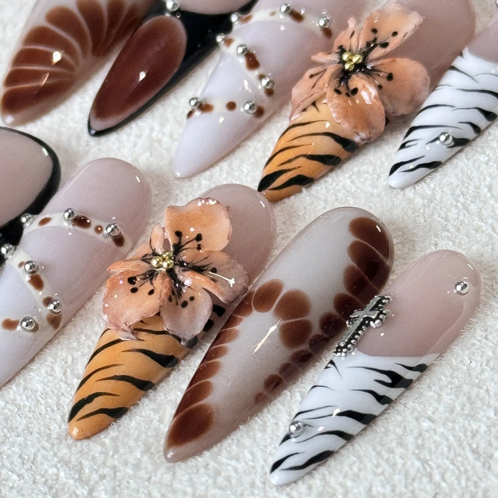 French leopard print false nail set with cross and floral patterns in four sizing options
