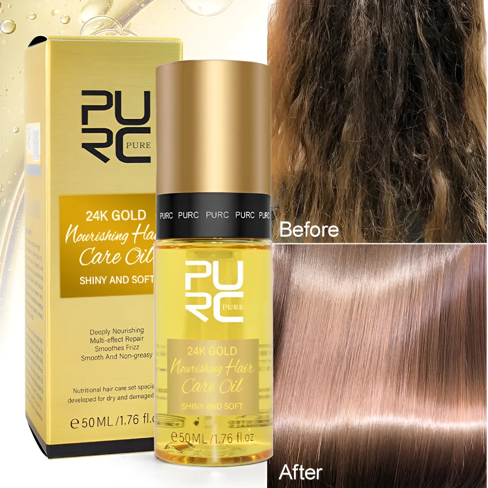 Yellow 50ml bottle of hair essential oil for curly hair care and scalp treatment.
