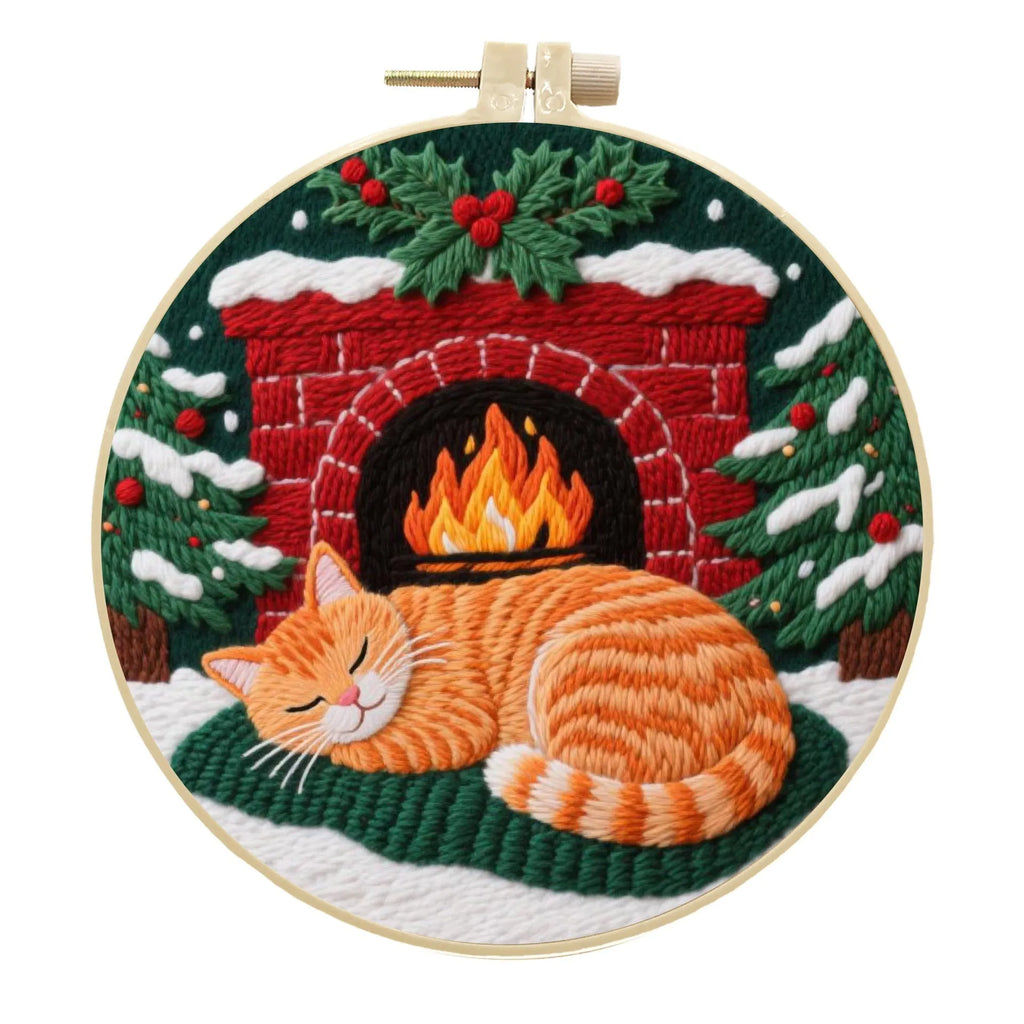 Cat embroidery DIY material package with autumn fruit designs on cotton linen fabric