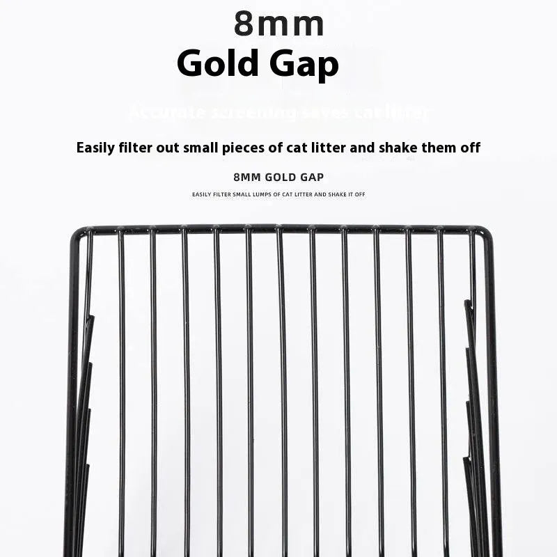 Black metal cat litter scoop with narrow tines for sifting waste from litter.